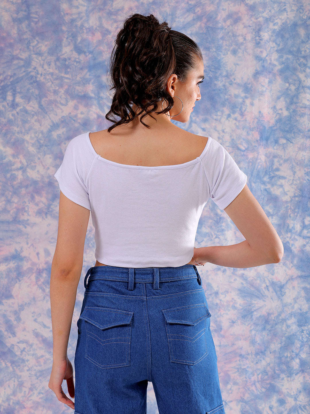 Shop Freehand Women White Fitted Solid Sweetheart Neck Off Shoulder Top Online.