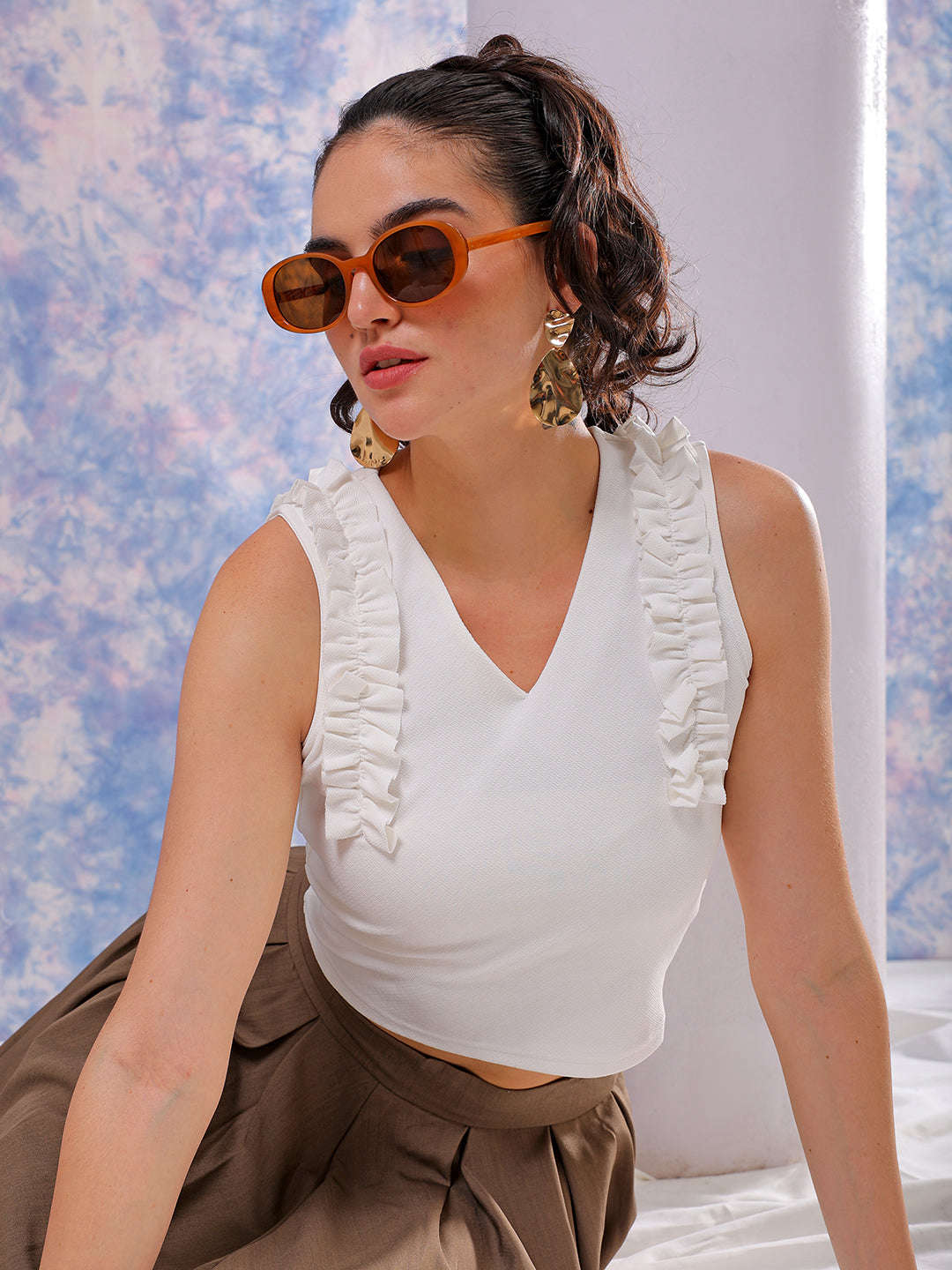 Shop Freehand Women White Fitted Textured Scoop Neck Ruffle Top Online.