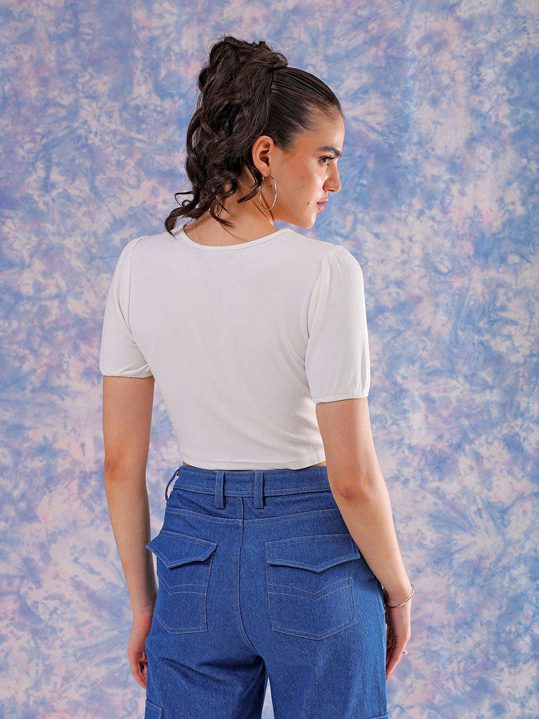 Shop Freehand Women White Fitted Textured Square Neck Crop Top Online.