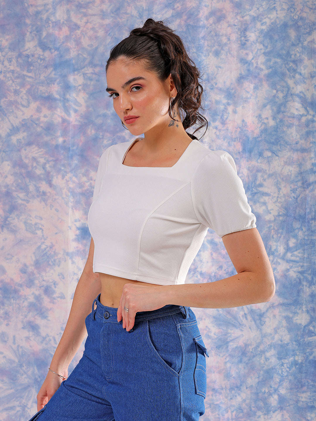 Shop Freehand Women White Fitted Textured Square Neck Crop Top Online.