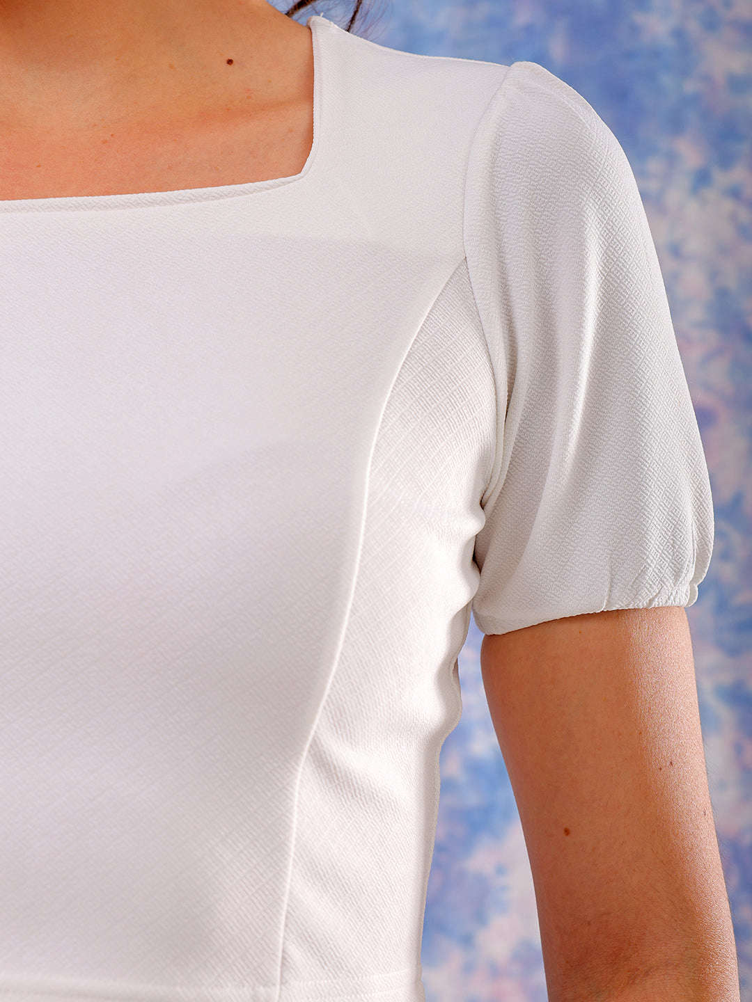 Shop Freehand Women White Fitted Textured Square Neck Crop Top Online.