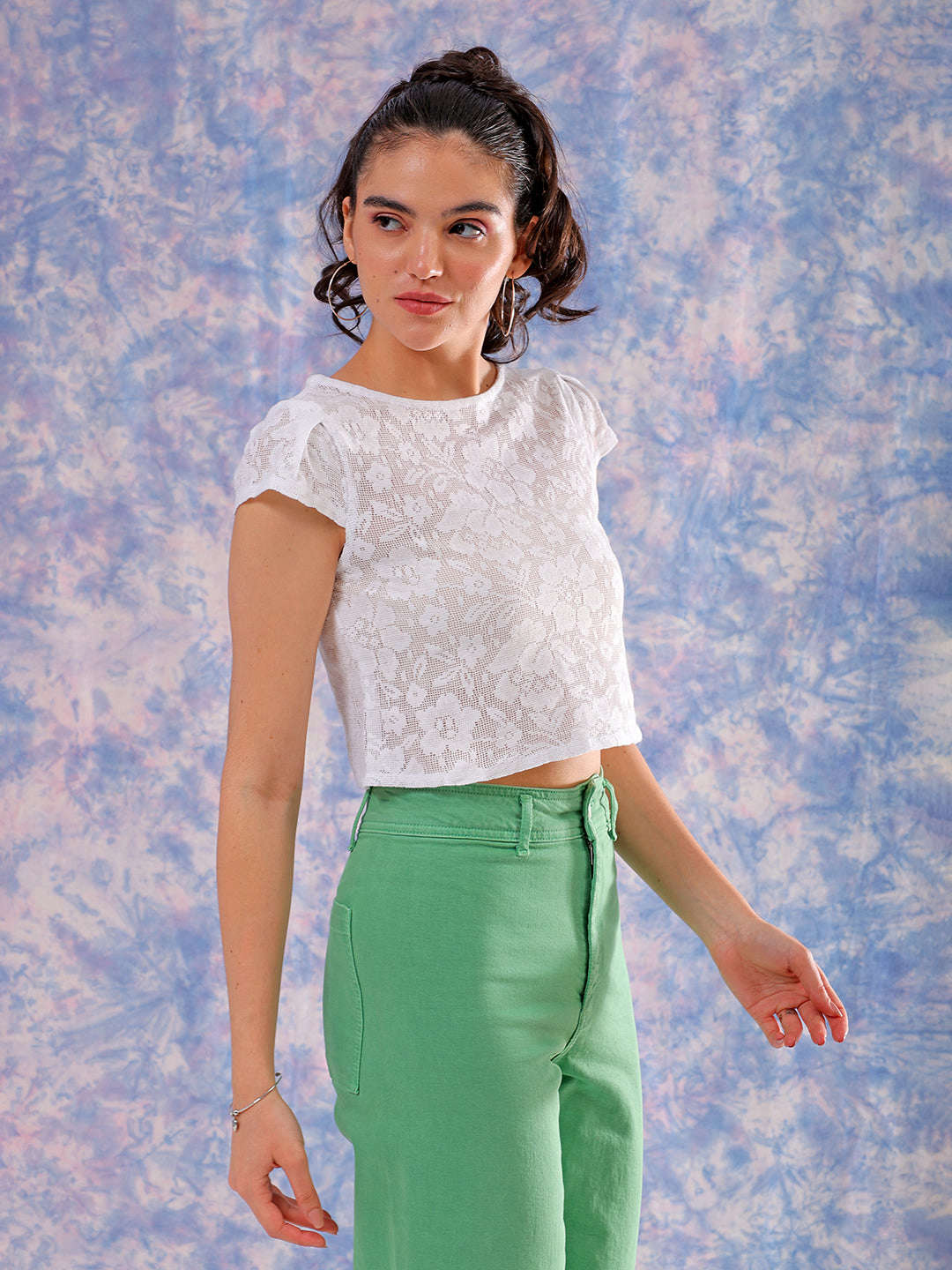 Shop Freehand Women White Regular Lace Round Neck Regular Top Online.