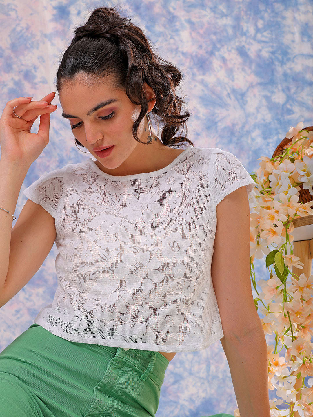 Shop Freehand Women White Regular Lace Round Neck Regular Top Online.