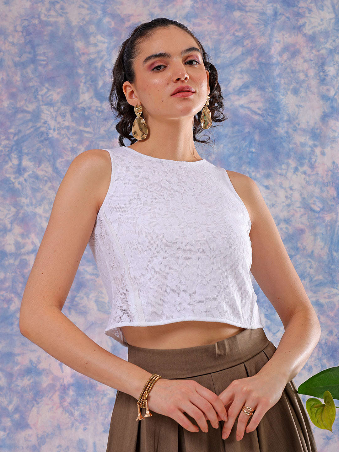 Shop Freehand Women White Regular Lace Round Neck Regular Top Online.