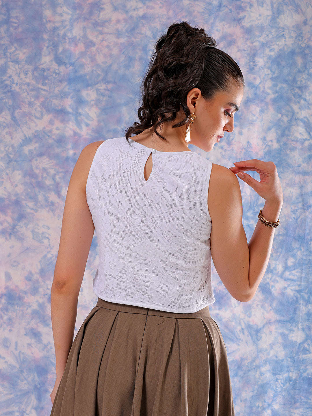 Shop Freehand Women White Regular Lace Round Neck Regular Top Online.