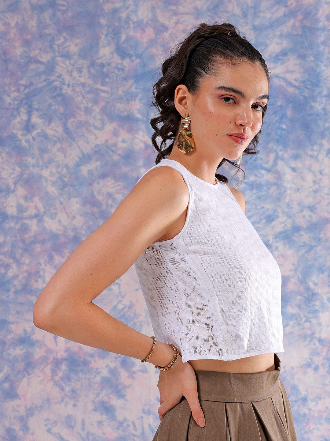 Shop Freehand Women White Regular Lace Round Neck Regular Top Online.