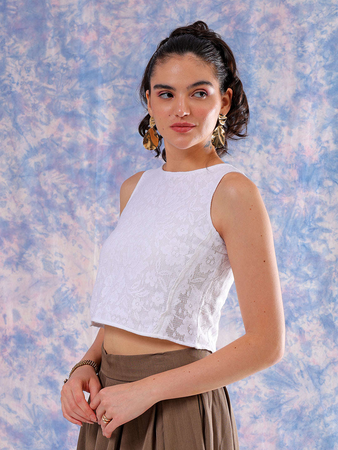 Shop Freehand Women White Regular Lace Round Neck Regular Top Online.