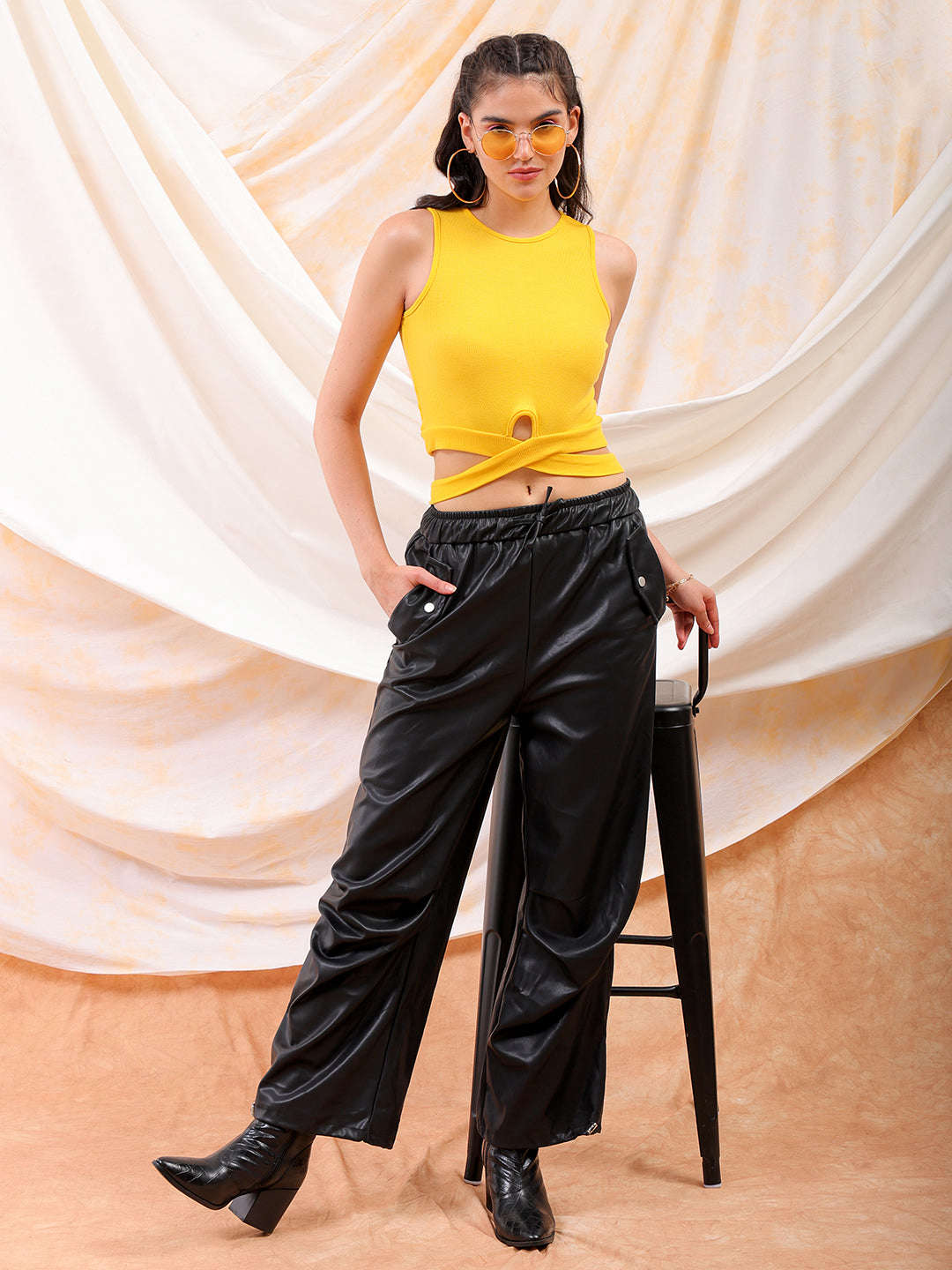 Shop Freehand Women Yellow Fitted Solid Round Neck Crop Top Online.