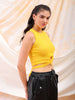 Shop Freehand Women Yellow Fitted Solid Round Neck Crop Top Online.