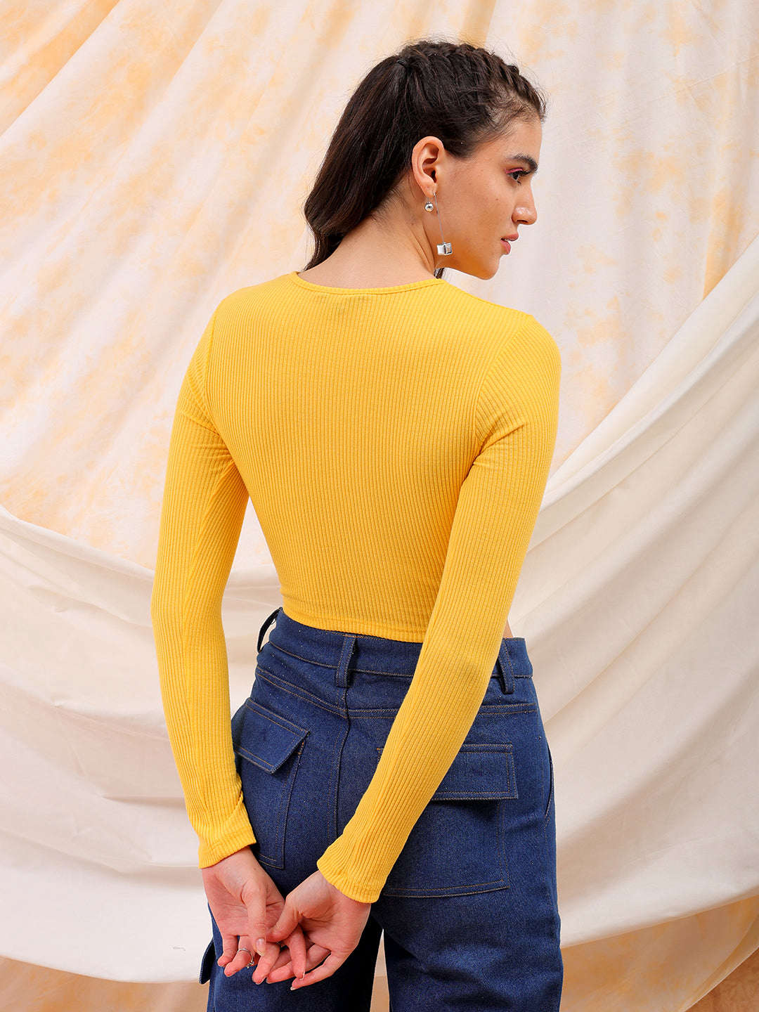 Shop Freehand Women Yellow Fitted Solid V-Neck Regular Online.