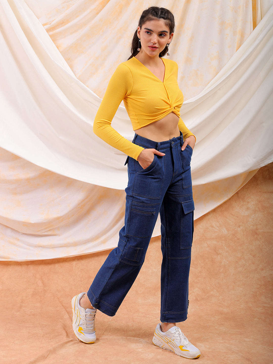 Shop Freehand Women Yellow Fitted Solid V-Neck Regular Online.