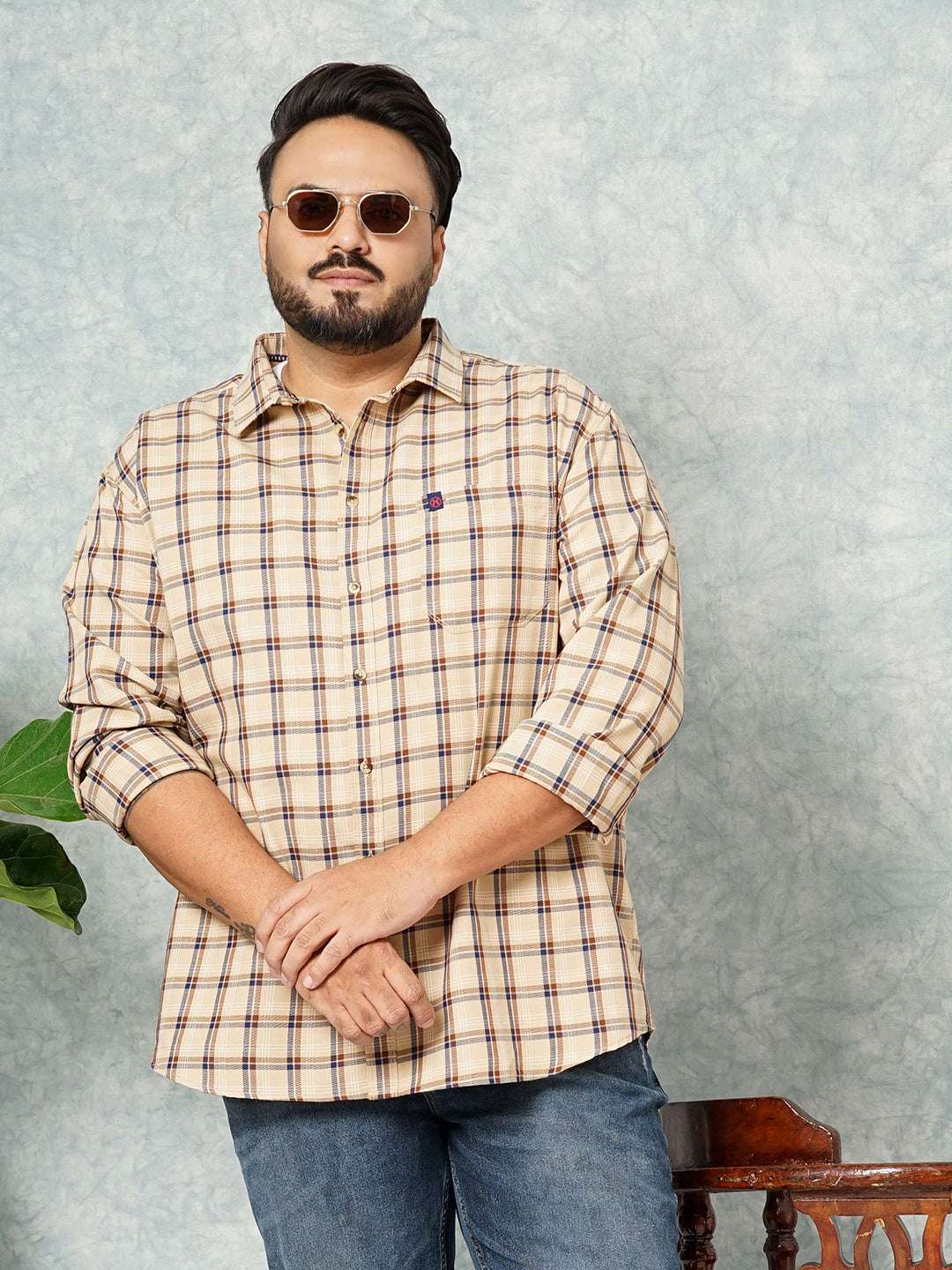 Shop Hardsoda Men Cream Plus Size Checked Casual Shirt Online.