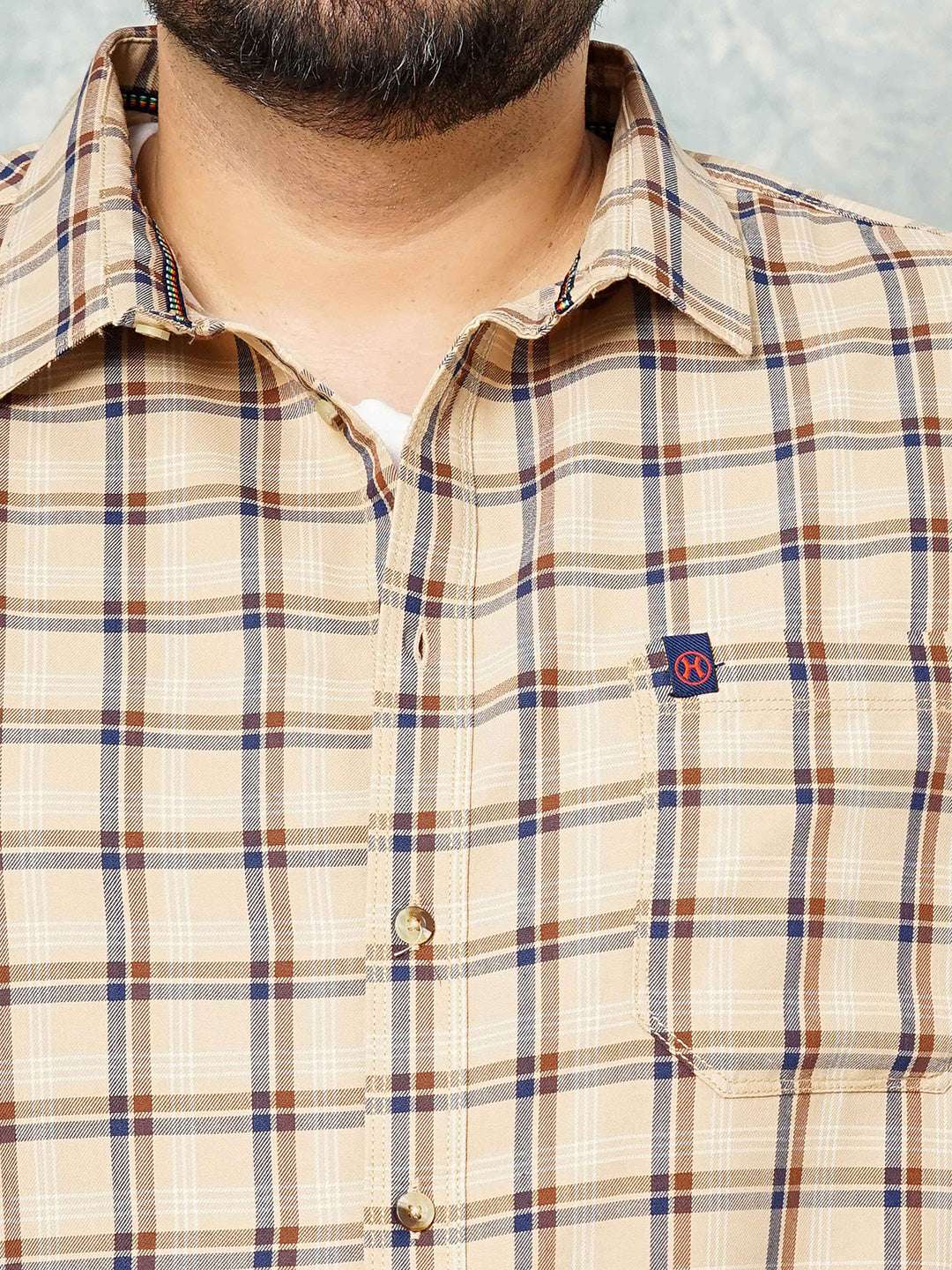 Shop Hardsoda Men Cream Plus Size Checked Casual Shirt Online.