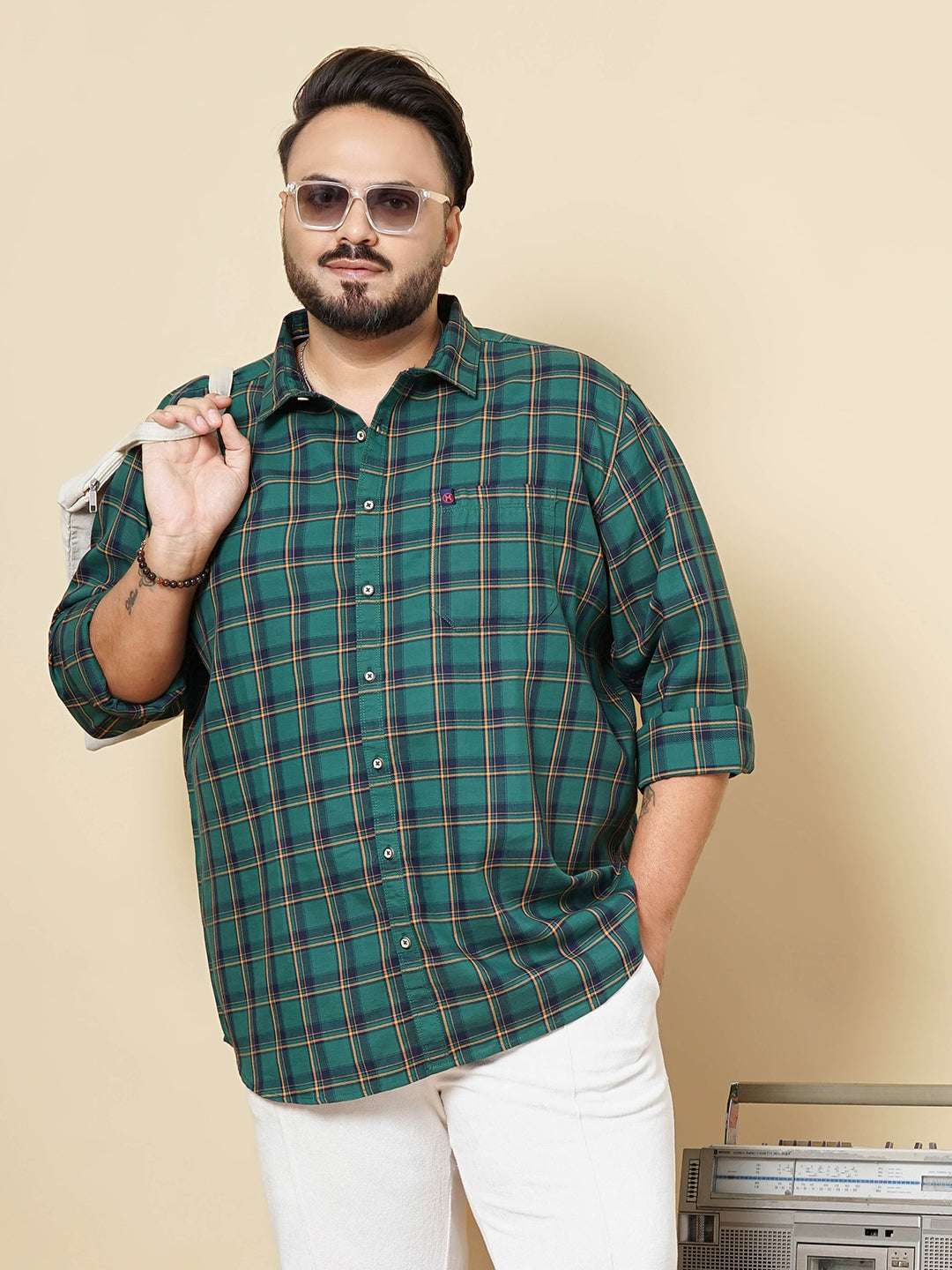 Shop Hardsoda Men Green Plus Size Checked Casual Shirt Online.