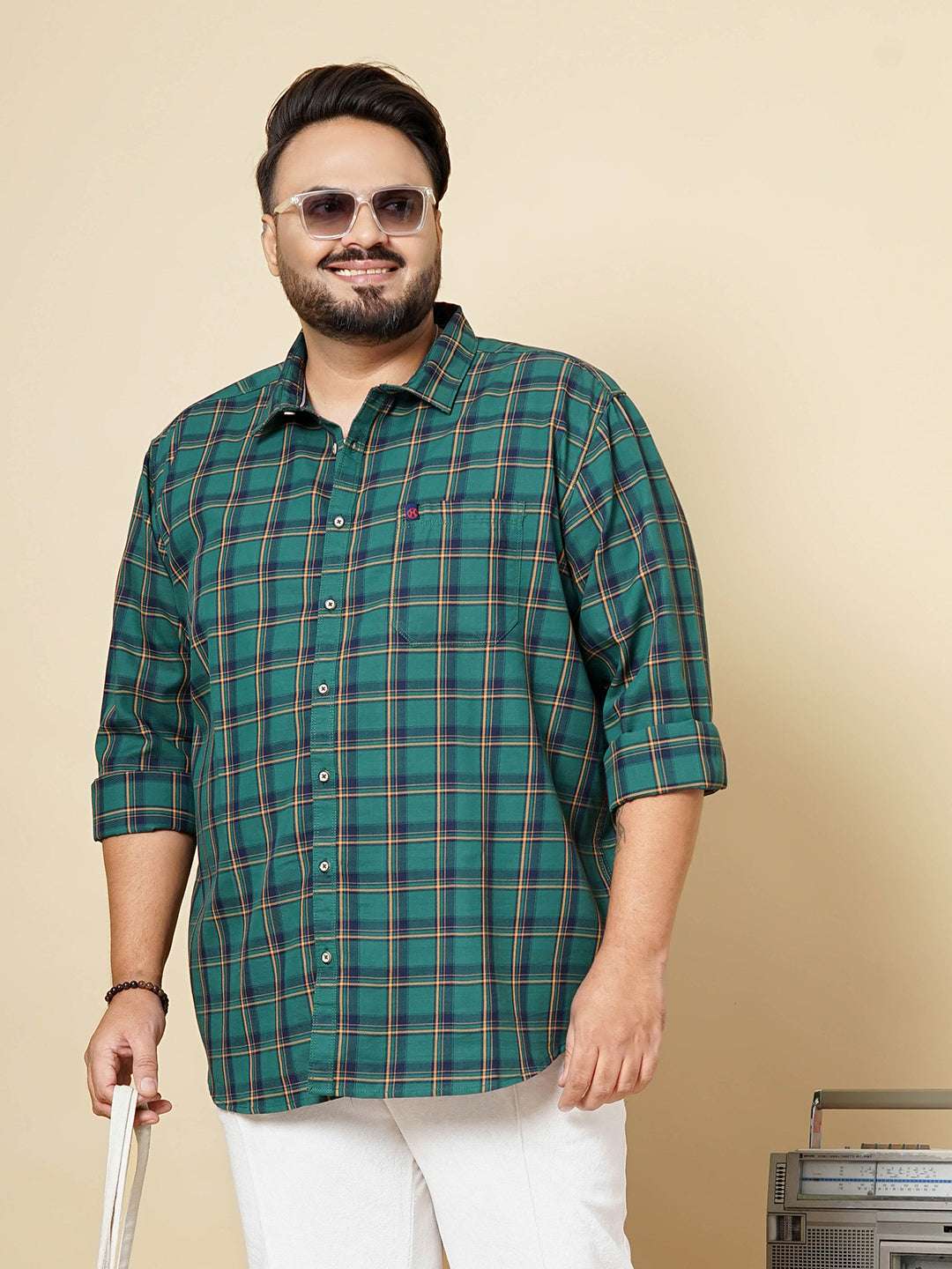 Shop Hardsoda Men Green Plus Size Checked Casual Shirt Online.