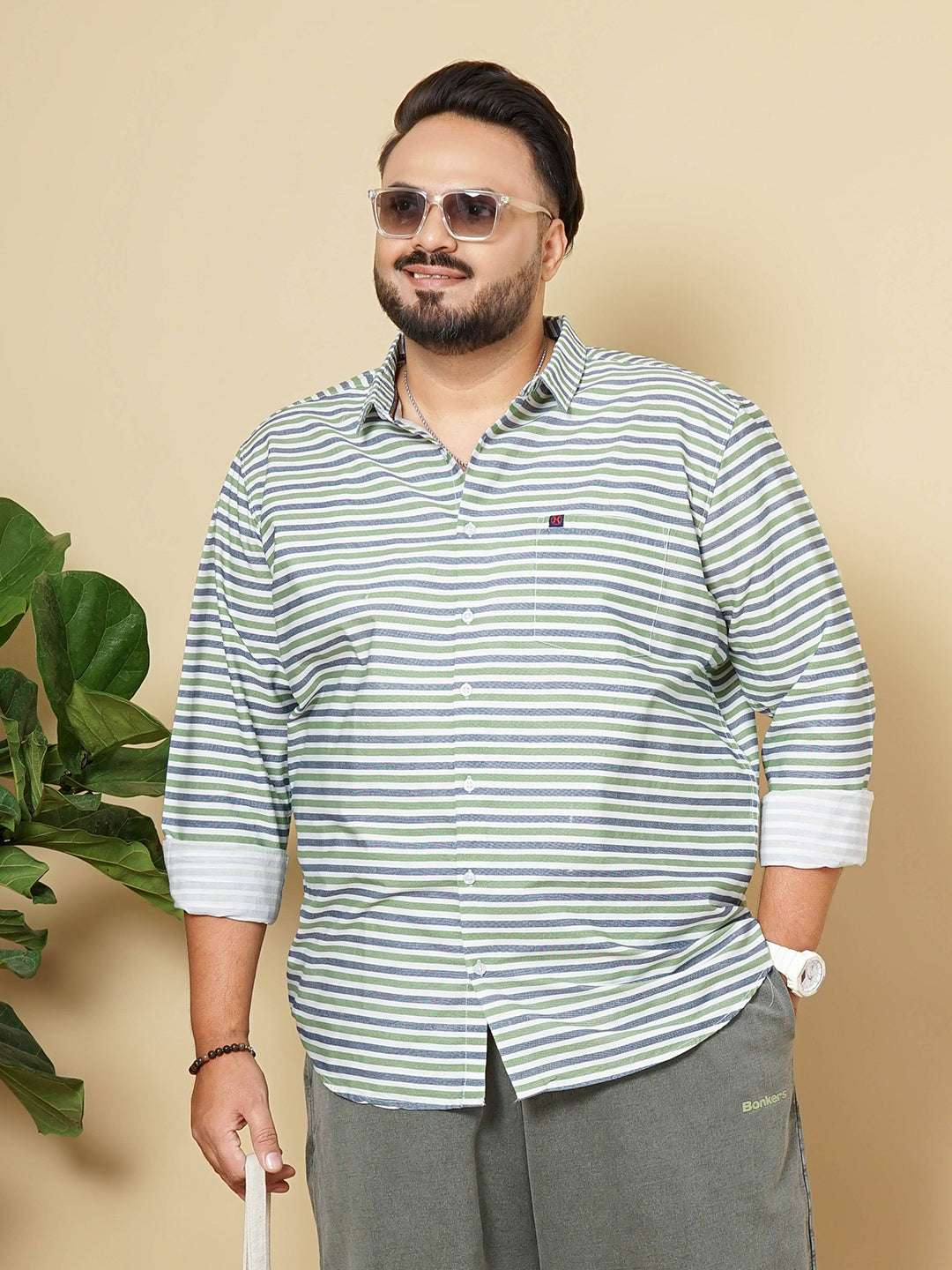 Shop Hardsoda Men Green Plus Size Horizontal Stripes Casual Shirt Online.