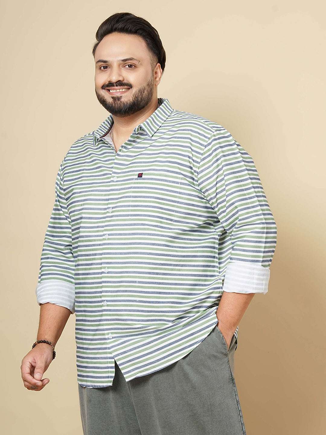 Shop Hardsoda Men Green Plus Size Horizontal Stripes Casual Shirt Online.