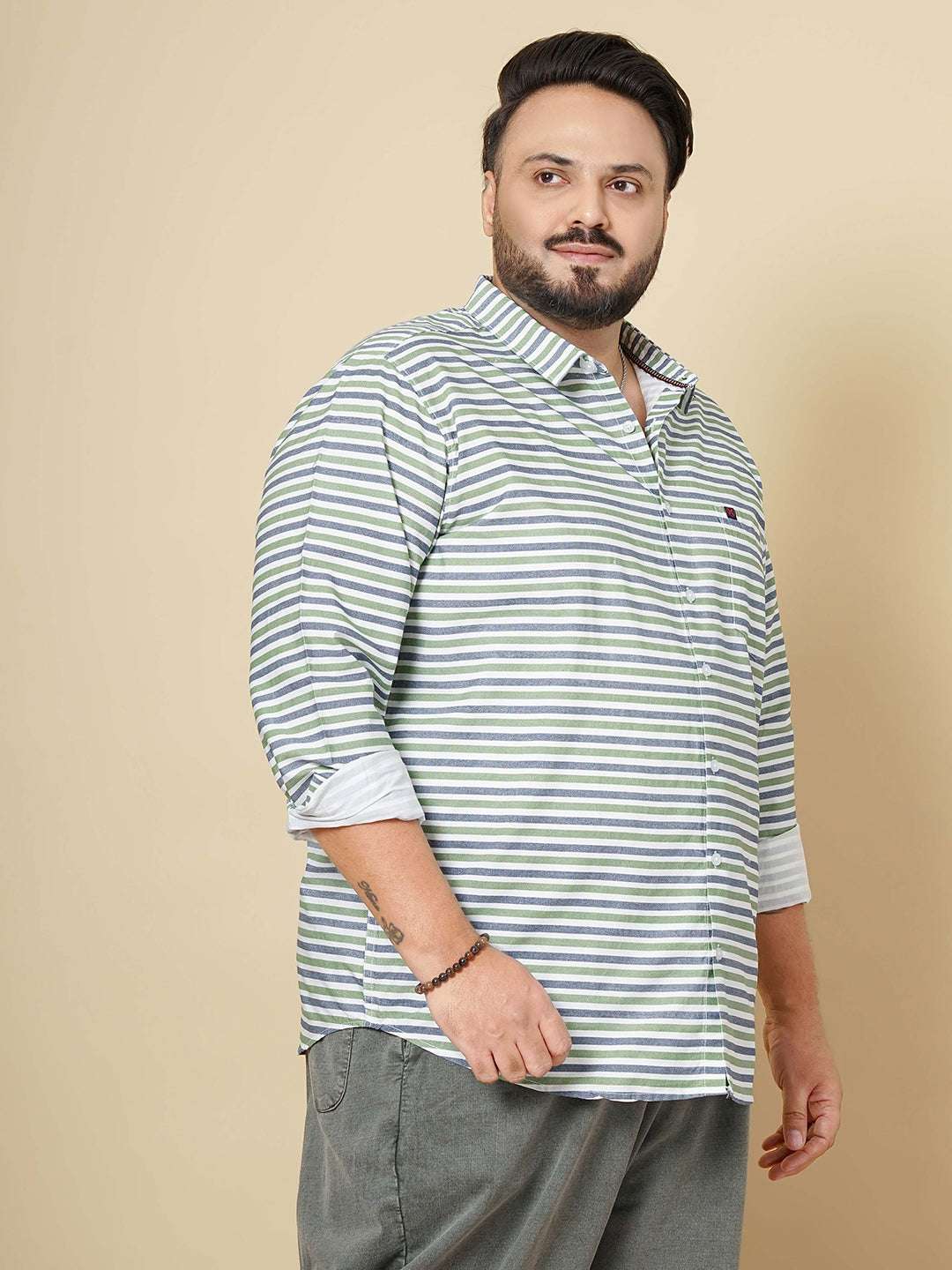 Shop Hardsoda Men Green Plus Size Horizontal Stripes Casual Shirt Online.