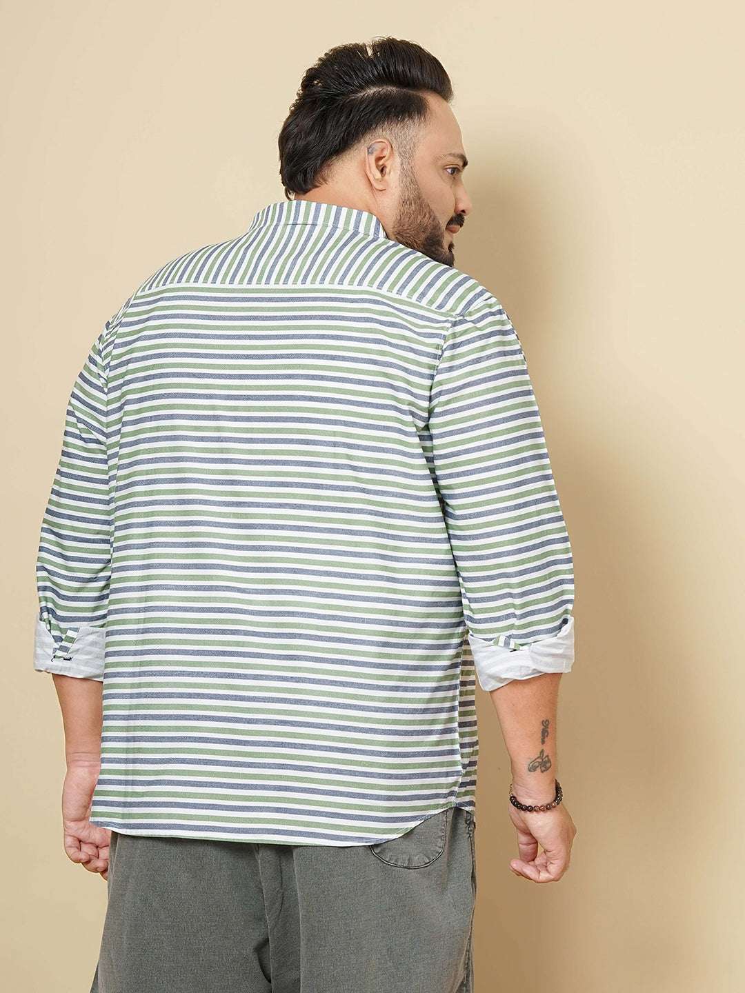 Shop Hardsoda Men Green Plus Size Horizontal Stripes Casual Shirt Online.