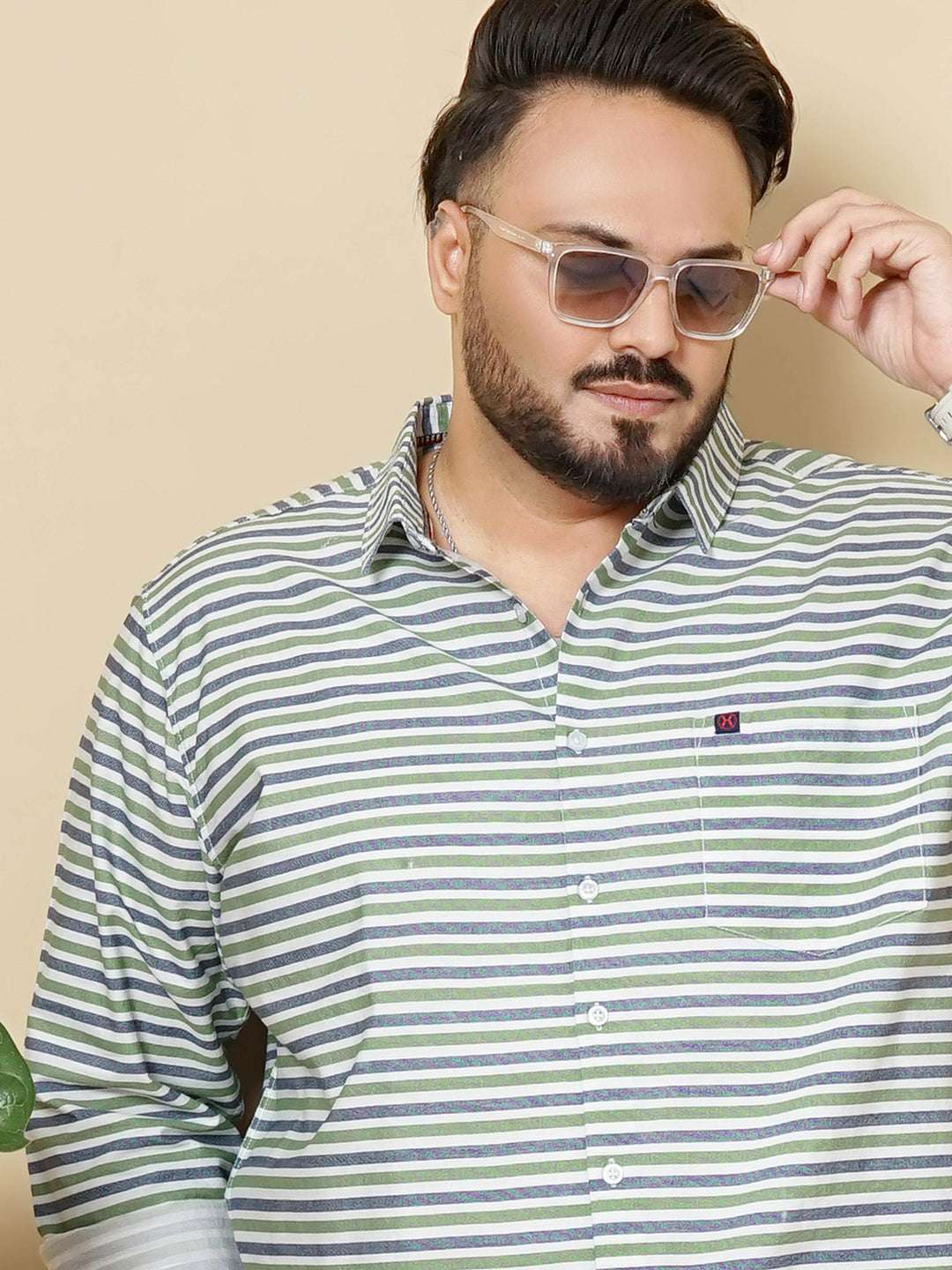 Shop Hardsoda Men Green Plus Size Horizontal Stripes Casual Shirt Online.