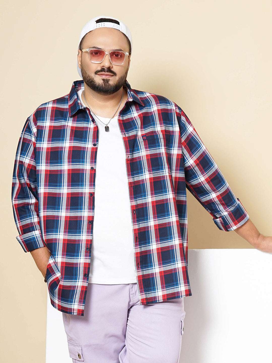 Shop Hardsoda Men Navy Plus Size Checked Casual Shirt Online.