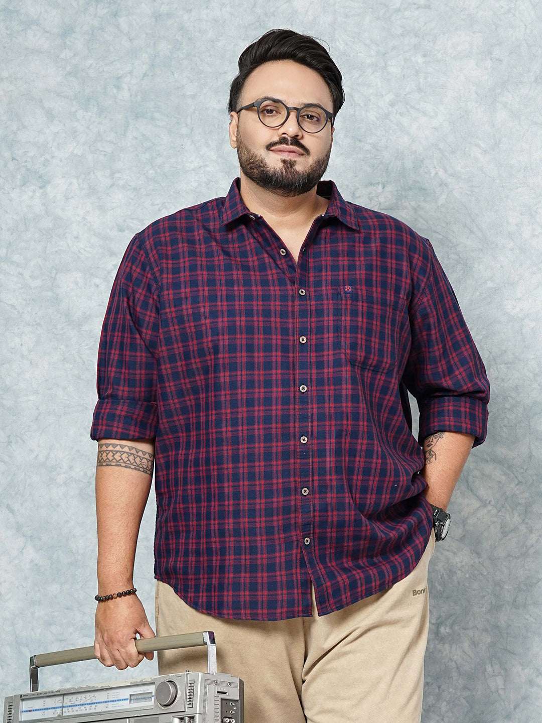 Shop Hardsoda Men Navy Plus Size Checked Casual Shirt Online.