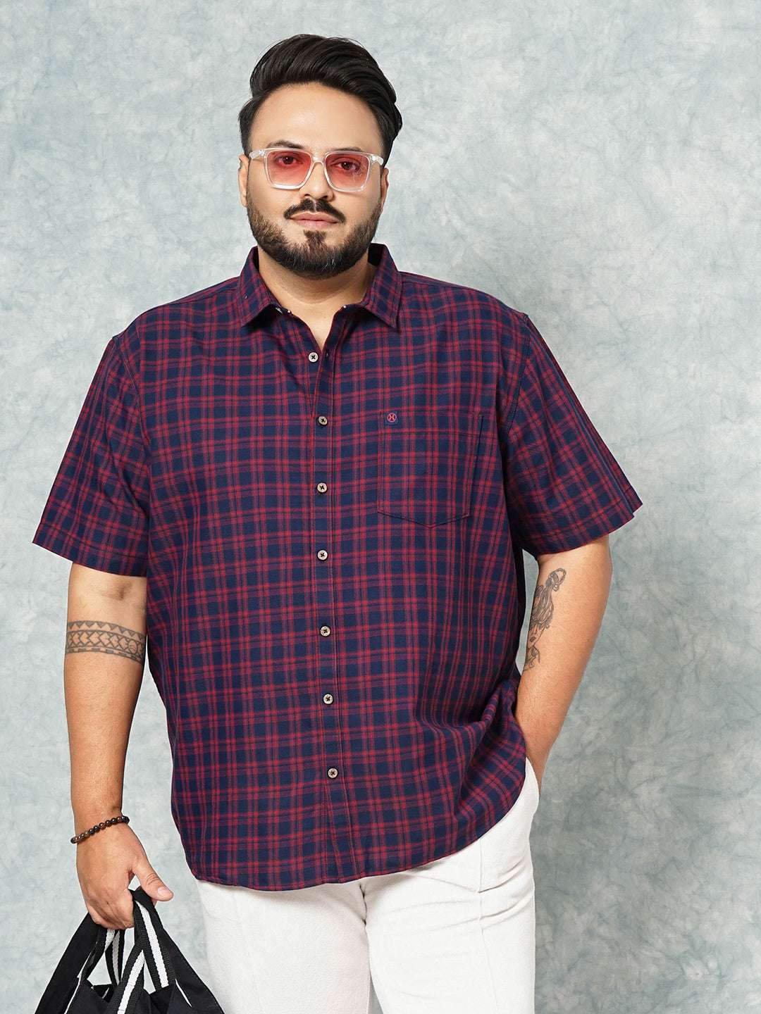 Shop Hardsoda Men Navy Plus Size Checked Casual Shirt Online.