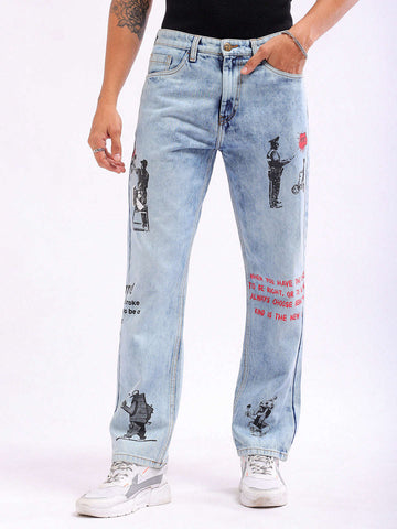 Men's Blue Vintage Straight Fit Character Mid-Rise Jeans