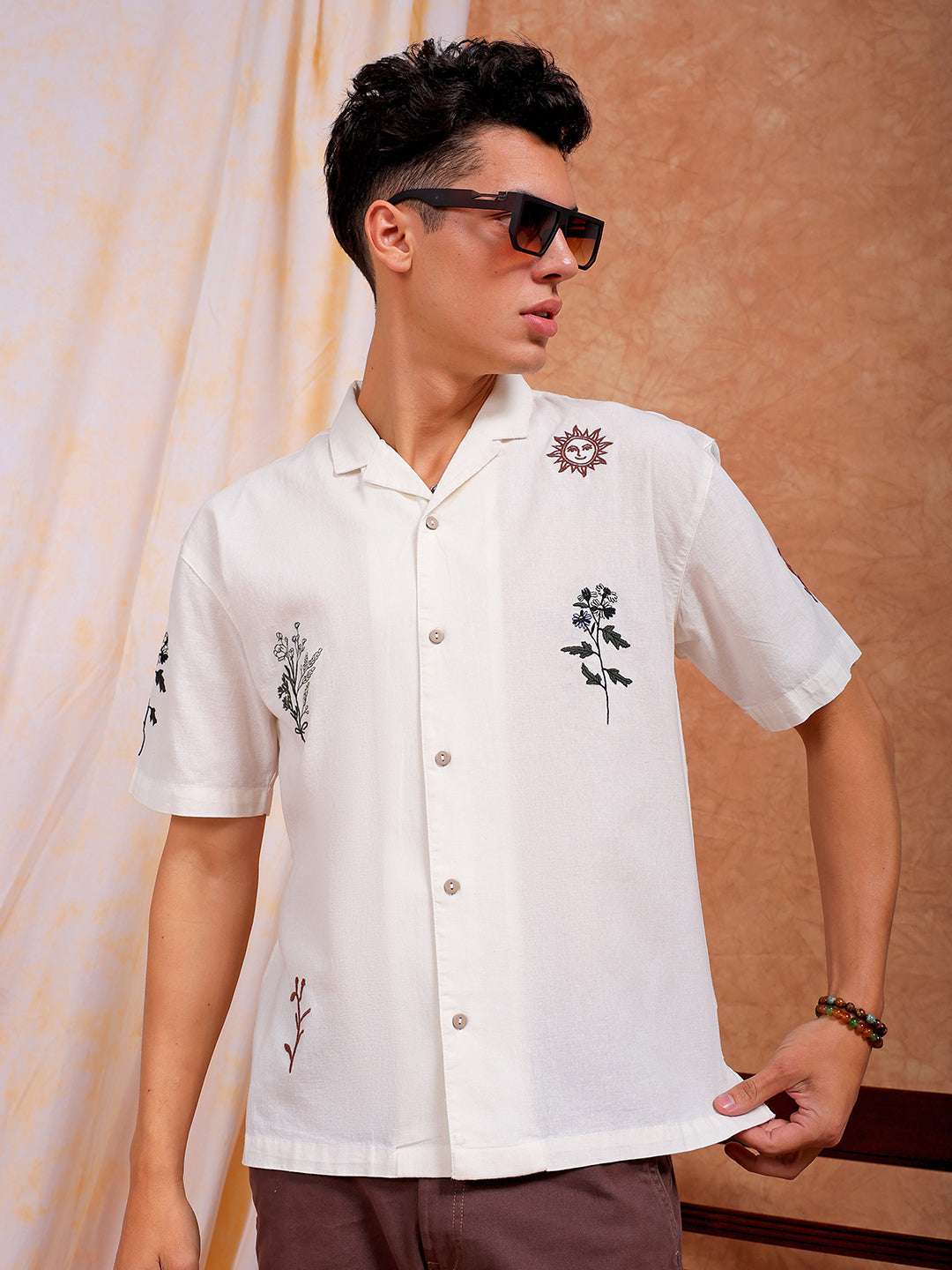 Shop Men Placement Embroidered Relaxed Fit Shirt Online.