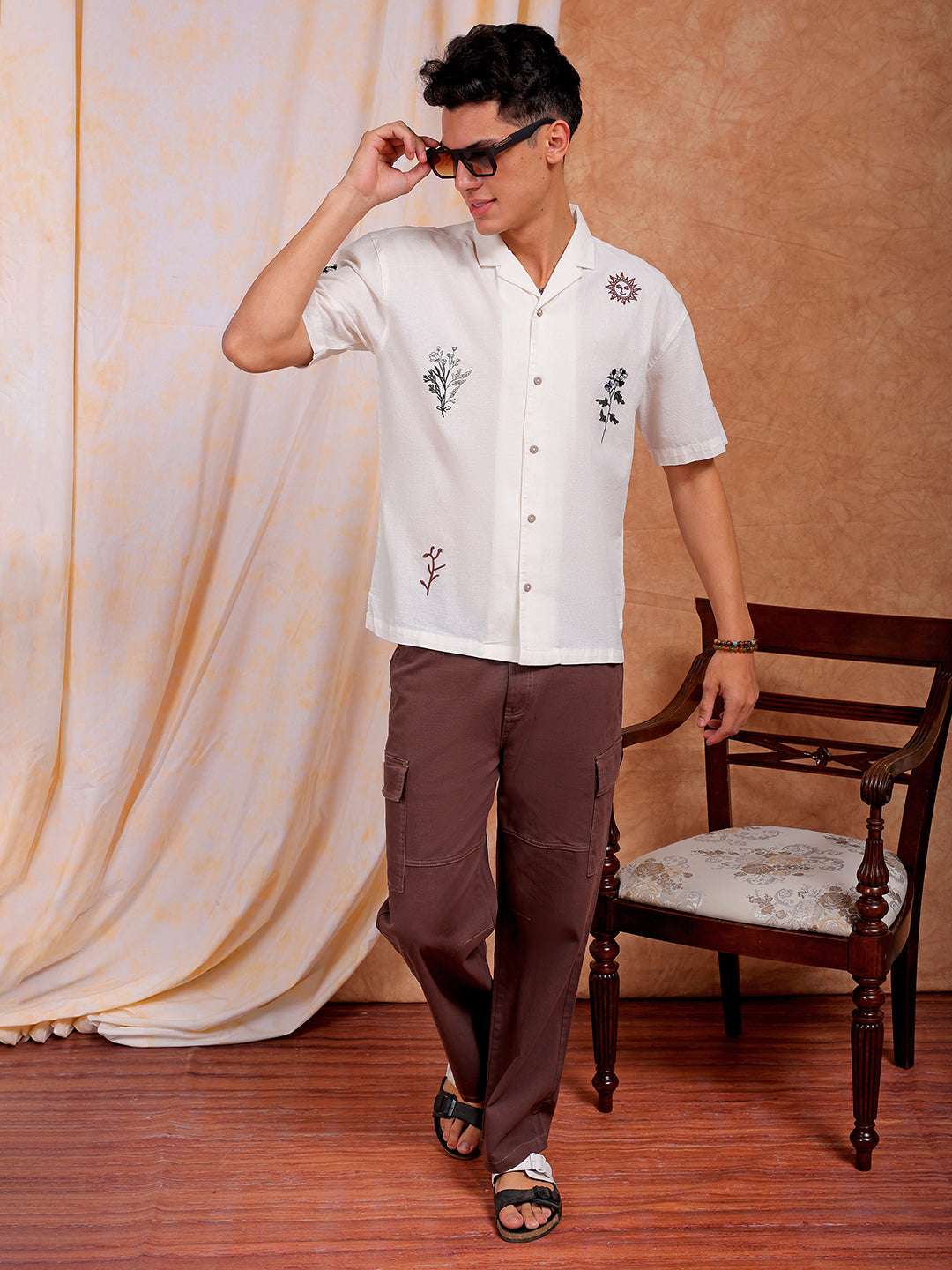 Shop Men Placement Embroidered Relaxed Fit Shirt Online.