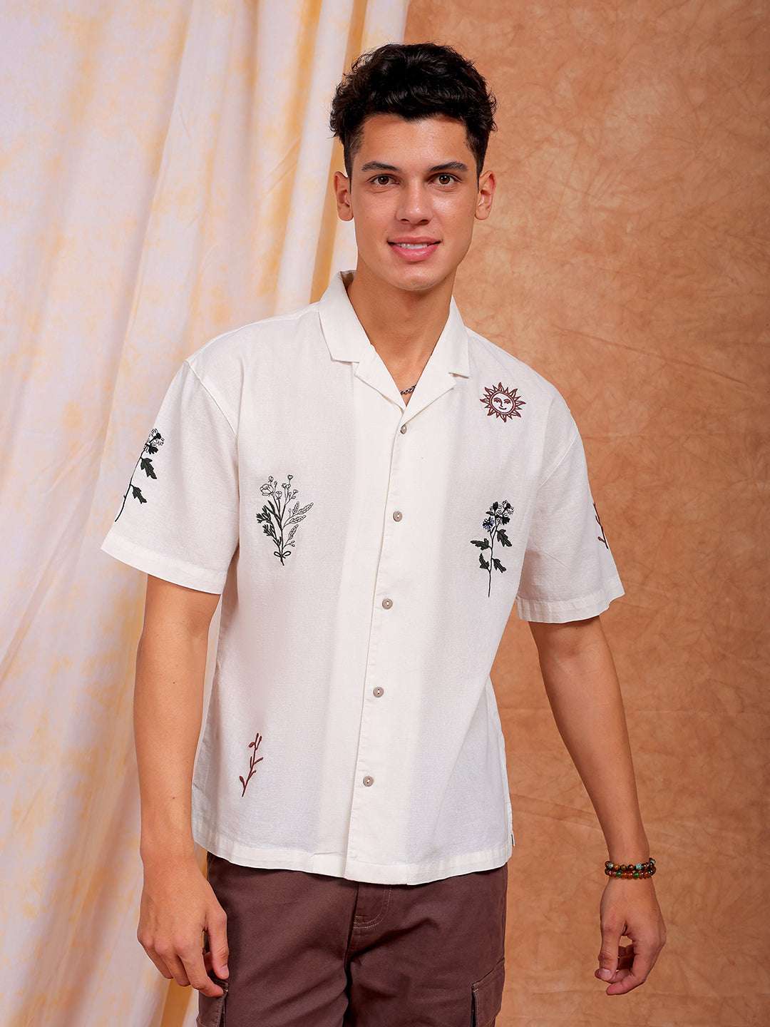 Shop Men Placement Embroidered Relaxed Fit Shirt Online.