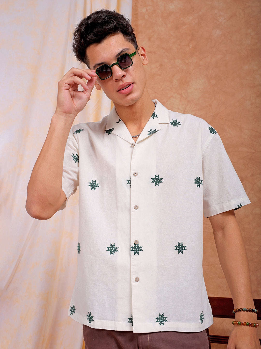 Shop Men Embroidered Relaxed Fit Resort Wear Shirt Online.