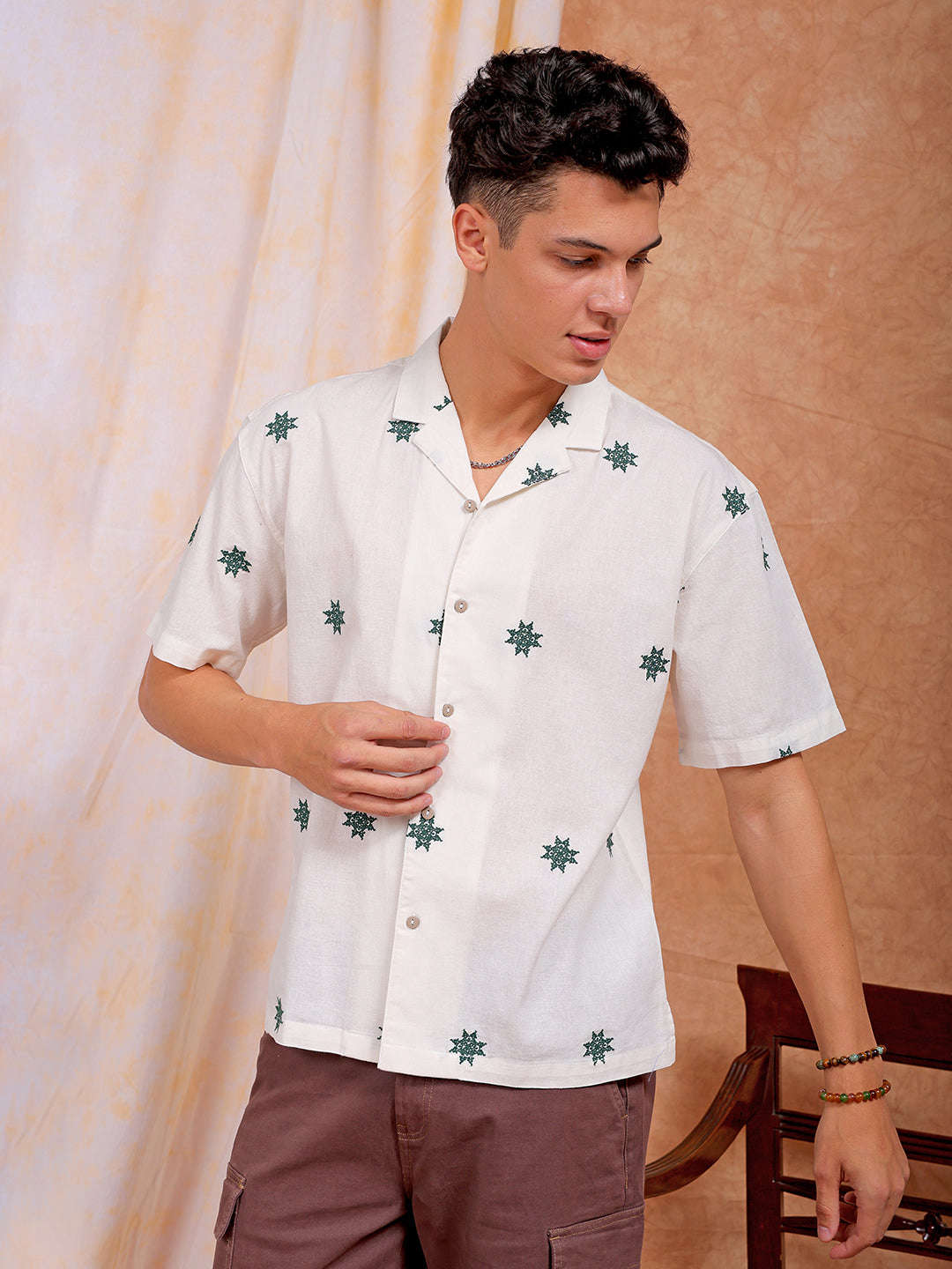 Shop Men Embroidered Relaxed Fit Resort Wear Shirt Online.