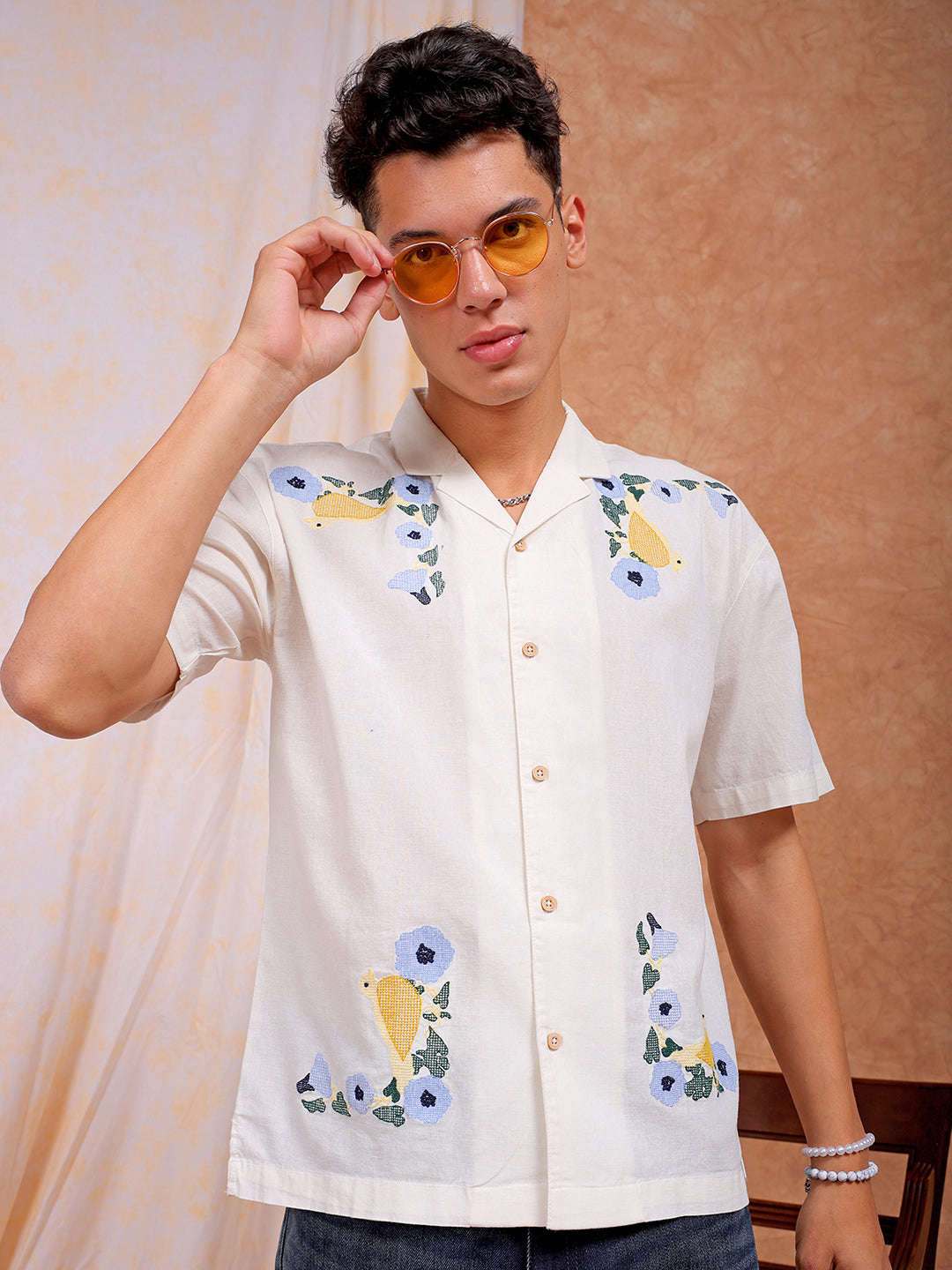 Shop Men Embroidered Relaxed Fit Resort Wear Shirt Online.