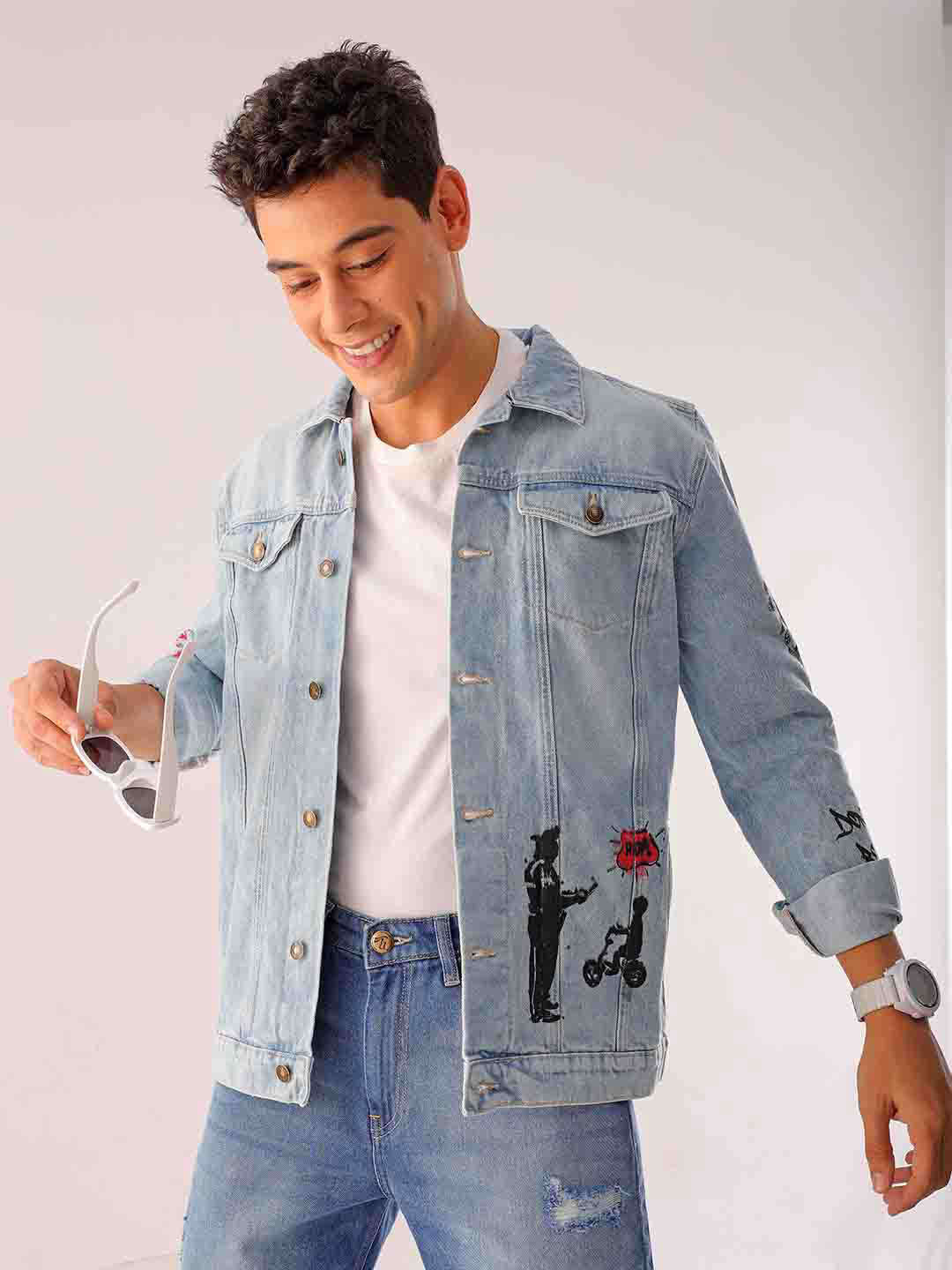 Shop Men Blue Regular Fit Placement Printed Denim Jacket Online.