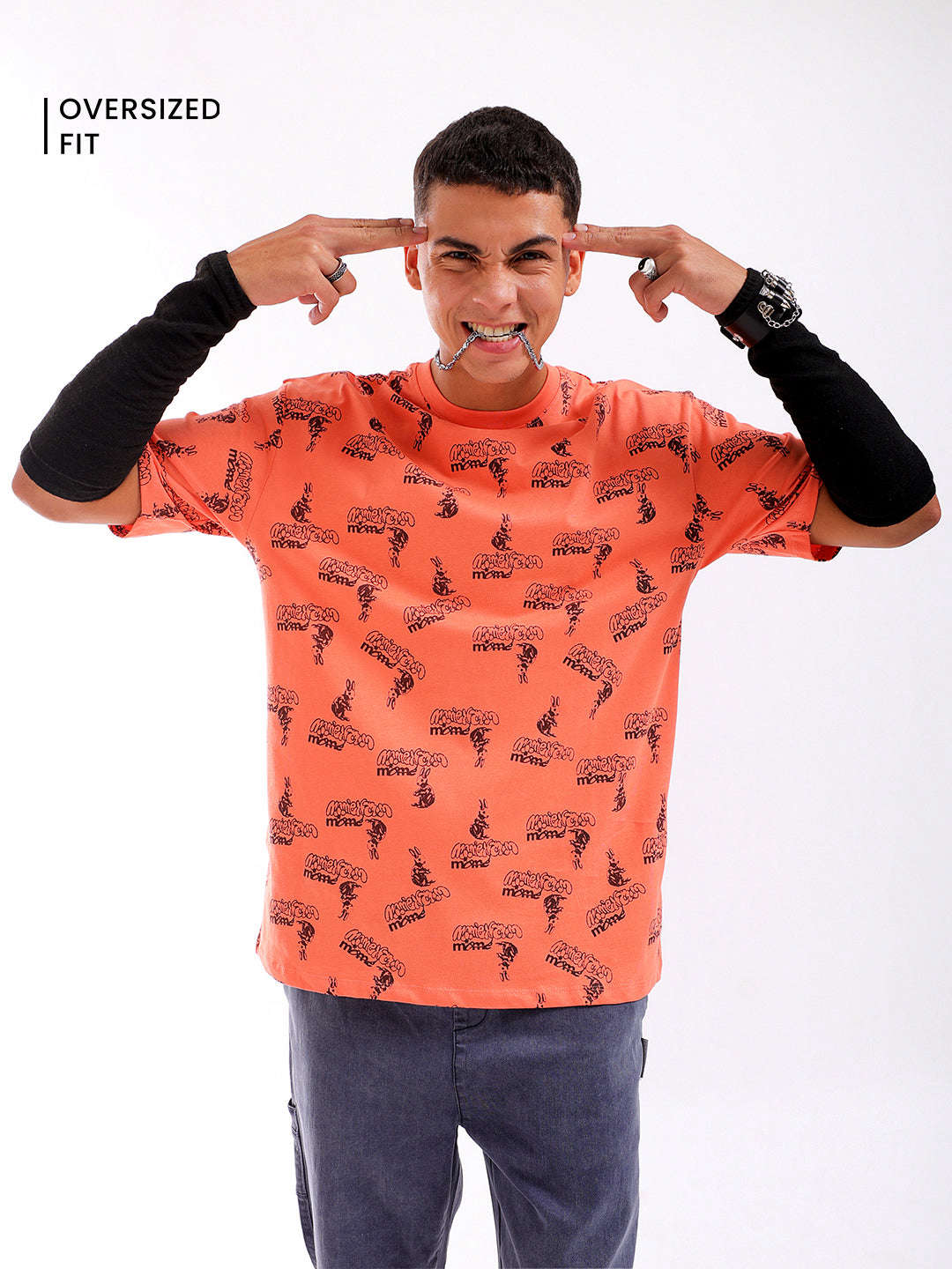 Shop Men Orange Oversized Fit Printed T-Shirt Online.