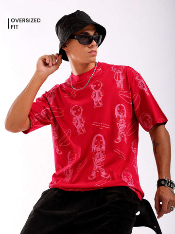 Shop Men Red Oversized Fit Printed T-Shirt Online.