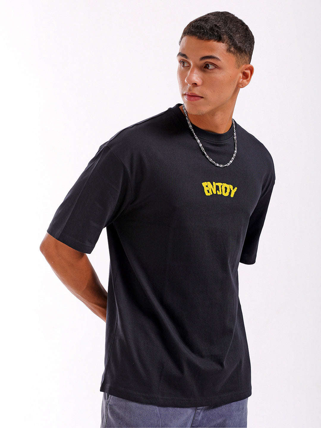 Shop Men Black Oversized Fit Back Printed T-Shirt Online.