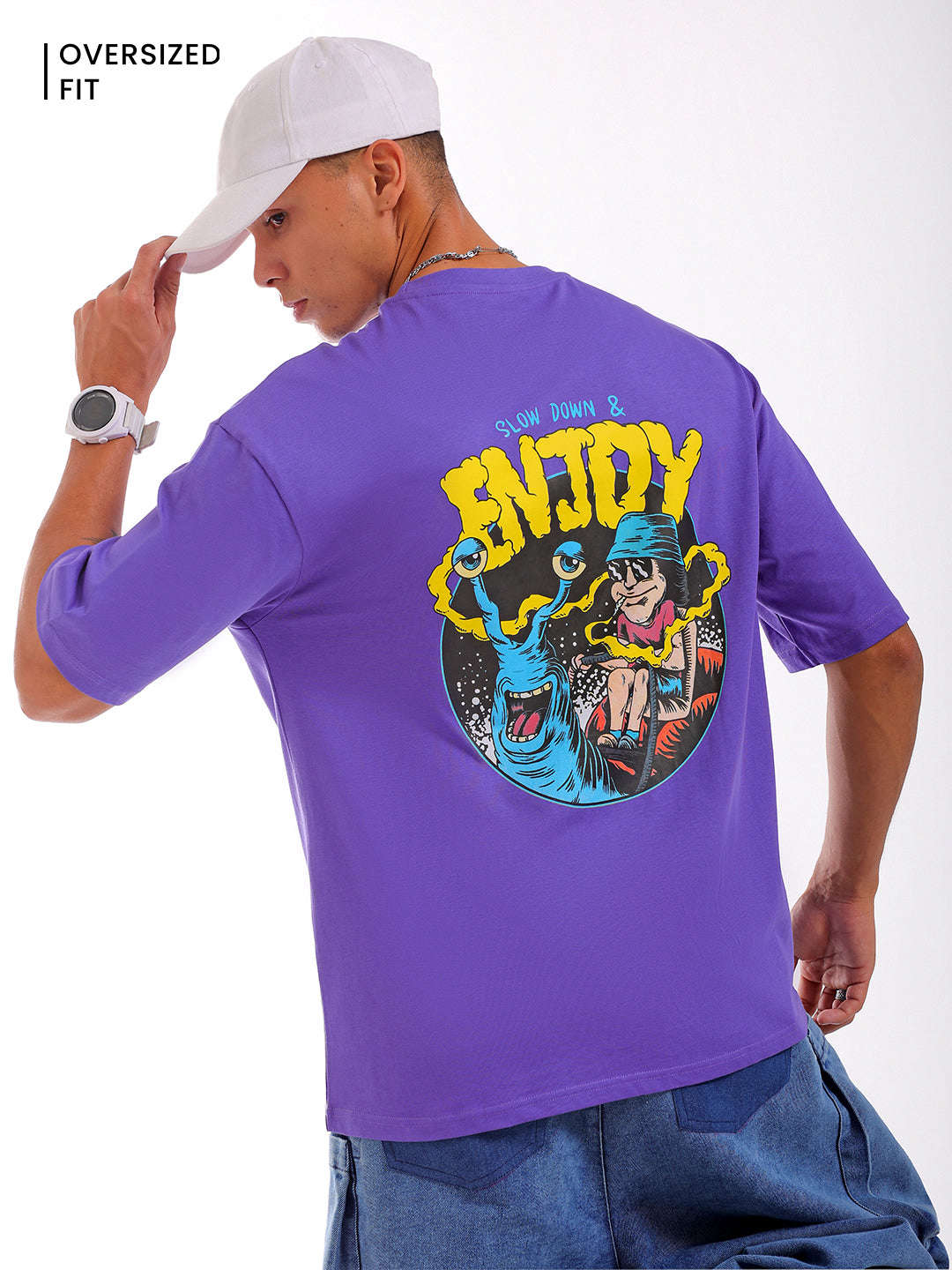 Shop Men Purple Oversized Fit Back Printed T-Shirt Online.