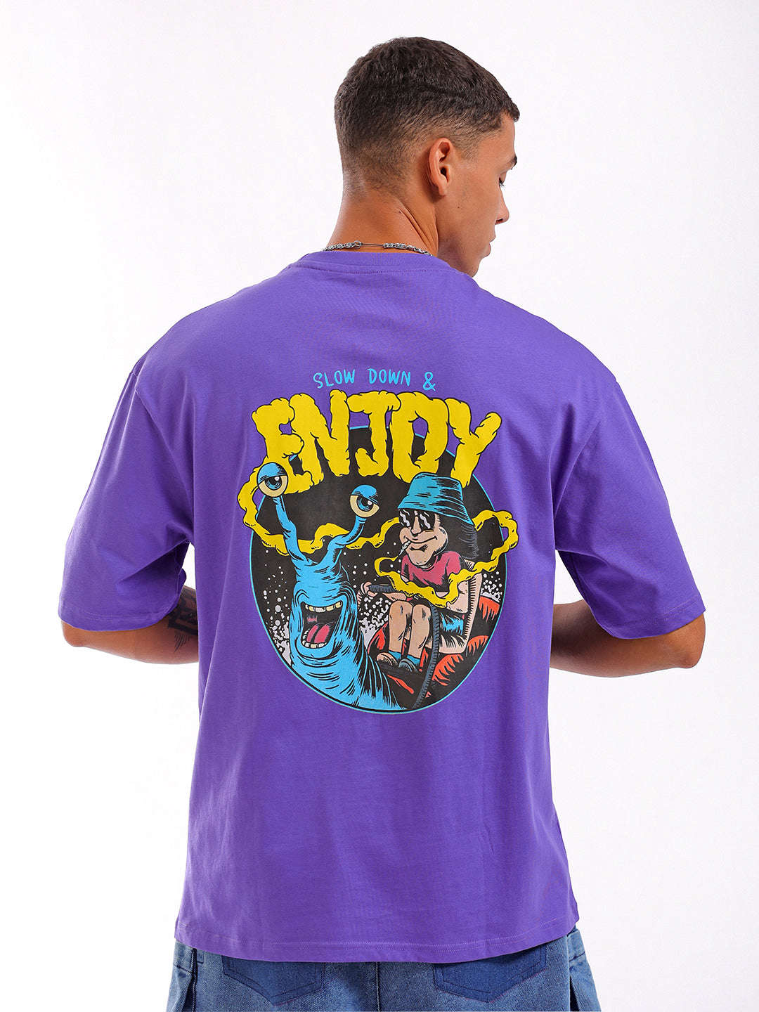 Shop Men Purple Oversized Fit Back Printed T-Shirt Online.