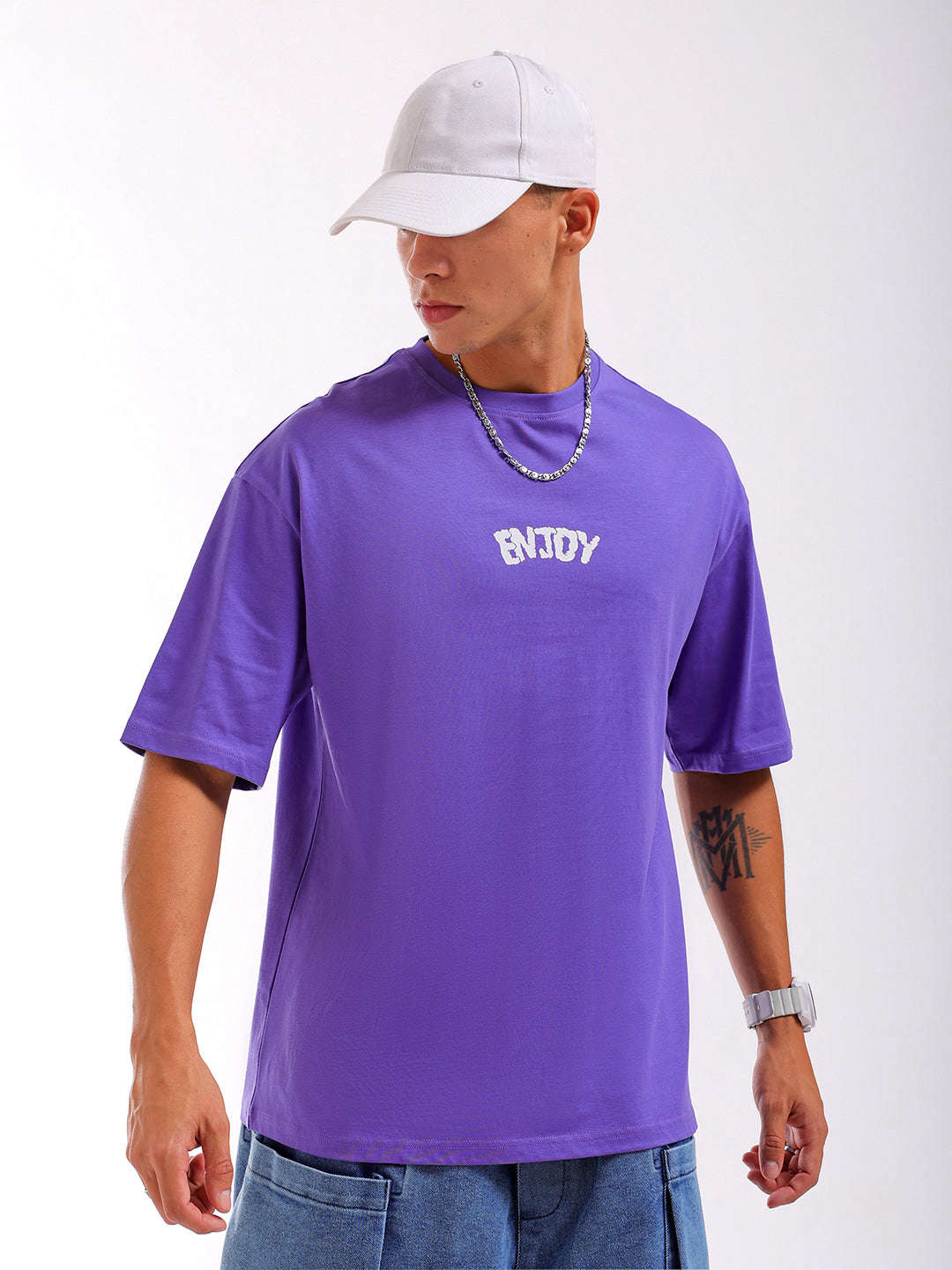 Shop Men Purple Oversized Fit Back Printed T-Shirt Online.