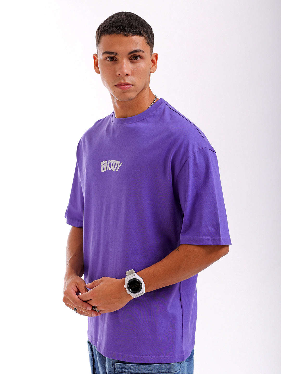 Shop Men Purple Oversized Fit Back Printed T-Shirt Online.