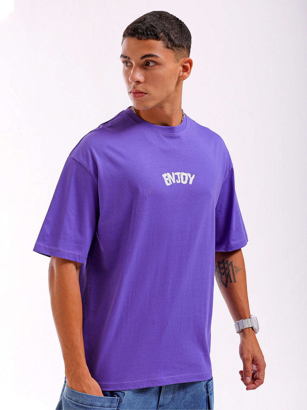 Shop Men Purple Oversized Fit Back Printed T-Shirt Online.