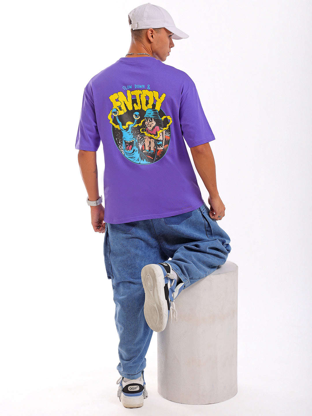 Shop Men Purple Oversized Fit Back Printed T-Shirt Online.