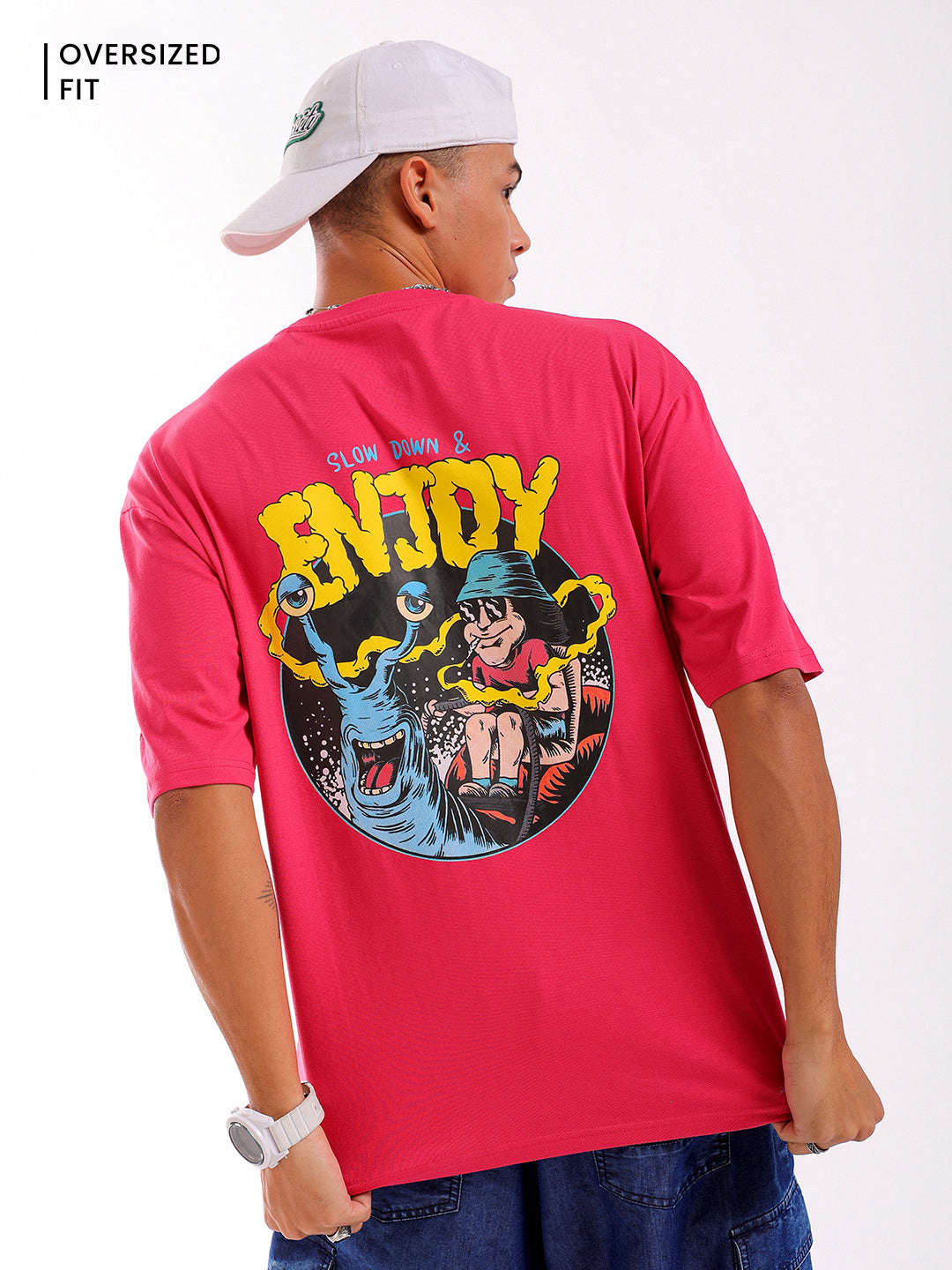 Shop Men Pink Oversized Fit Back Printed T-Shirt Online.