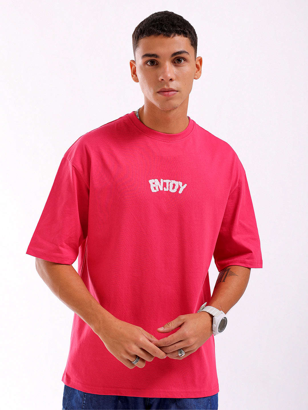 Shop Men Pink Oversized Fit Back Printed T-Shirt Online.