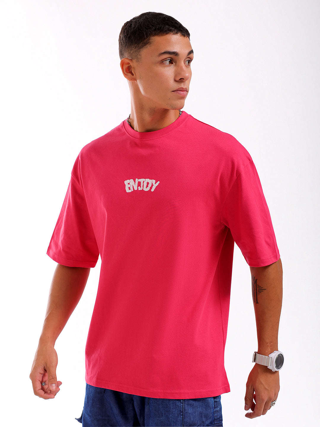 Shop Men Pink Oversized Fit Back Printed T-Shirt Online.