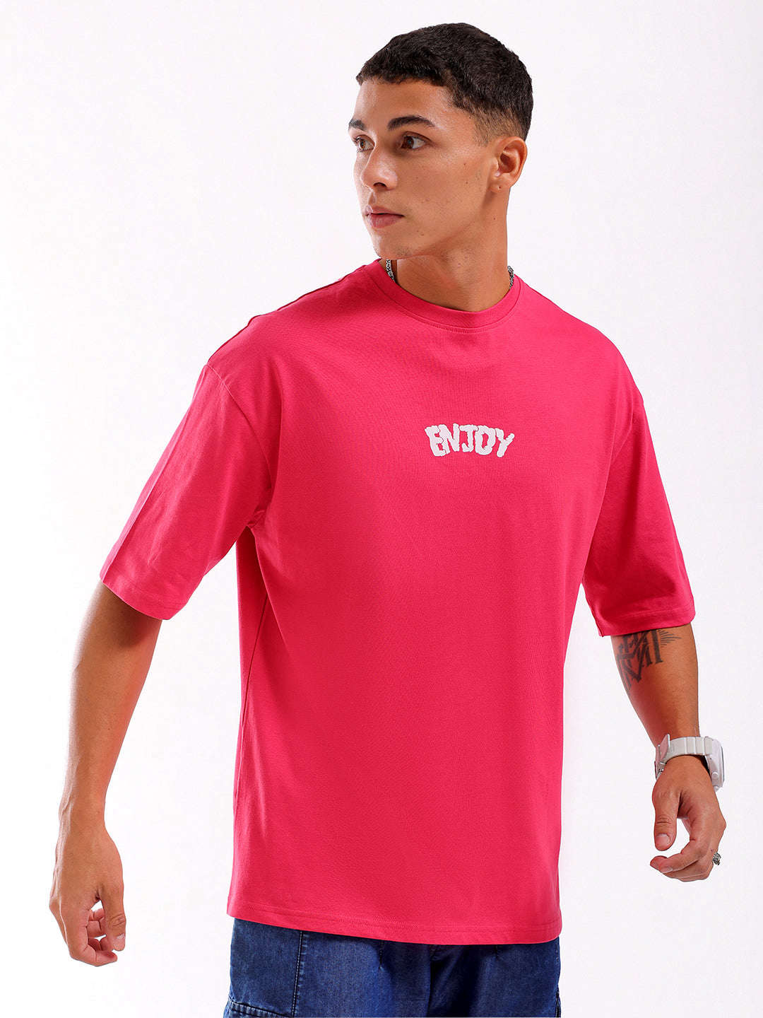 Shop Men Pink Oversized Fit Back Printed T-Shirt Online.