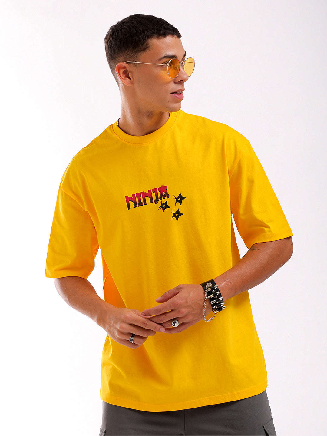 Shop Men Yellow Oversized Fit Back Printed T-Shirt Online.