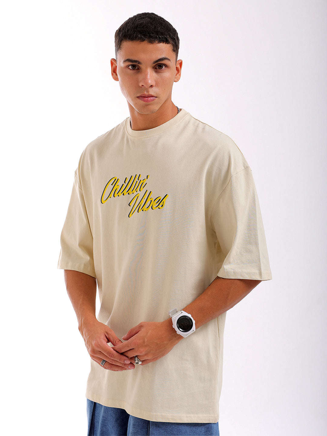 Shop Men Beige Oversized Fit Back Printed T-Shirt Online.